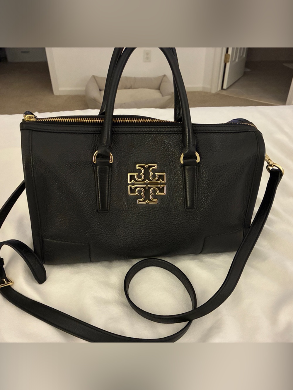 Tory Burch Black Leather Satchel with Gold Logo Hardware